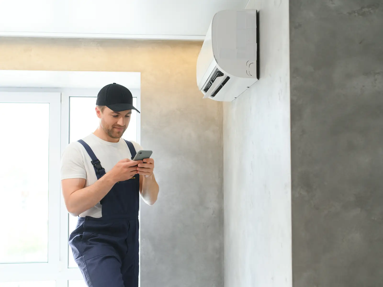 Installateur vérifiant une unité de climatisation fraîchement posée dans un bureau